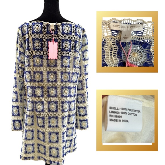 100% cotton blue cream crochet dress NWT Chelsea & Violet size L - Picture 4 of 7
